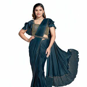 Elegant Crepe Satin Silk Designer Saree with Aari Work for Occasions - Blue